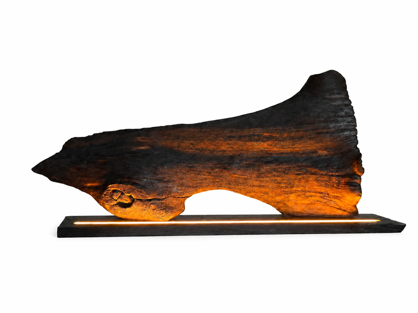 Relic - reclaimed oak sculpture on a charred lit plinth