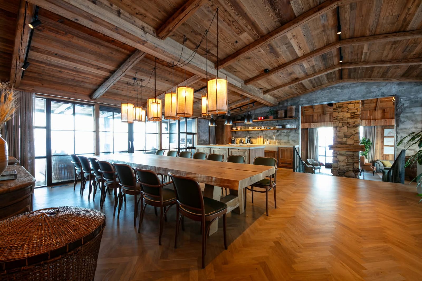 Dining hall with vaulted reclaimed timber ceiling and exposed beams